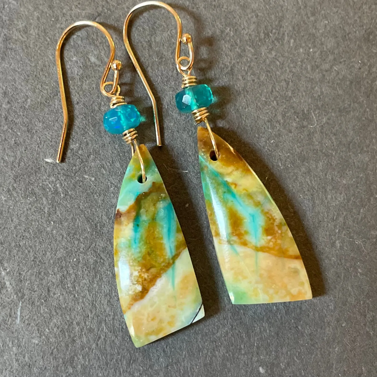 Blue Wood Opal Earrings, OOAK, gold