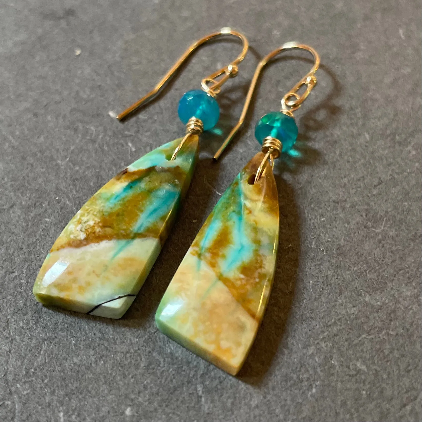 Blue Wood Opal Earrings, OOAK, gold