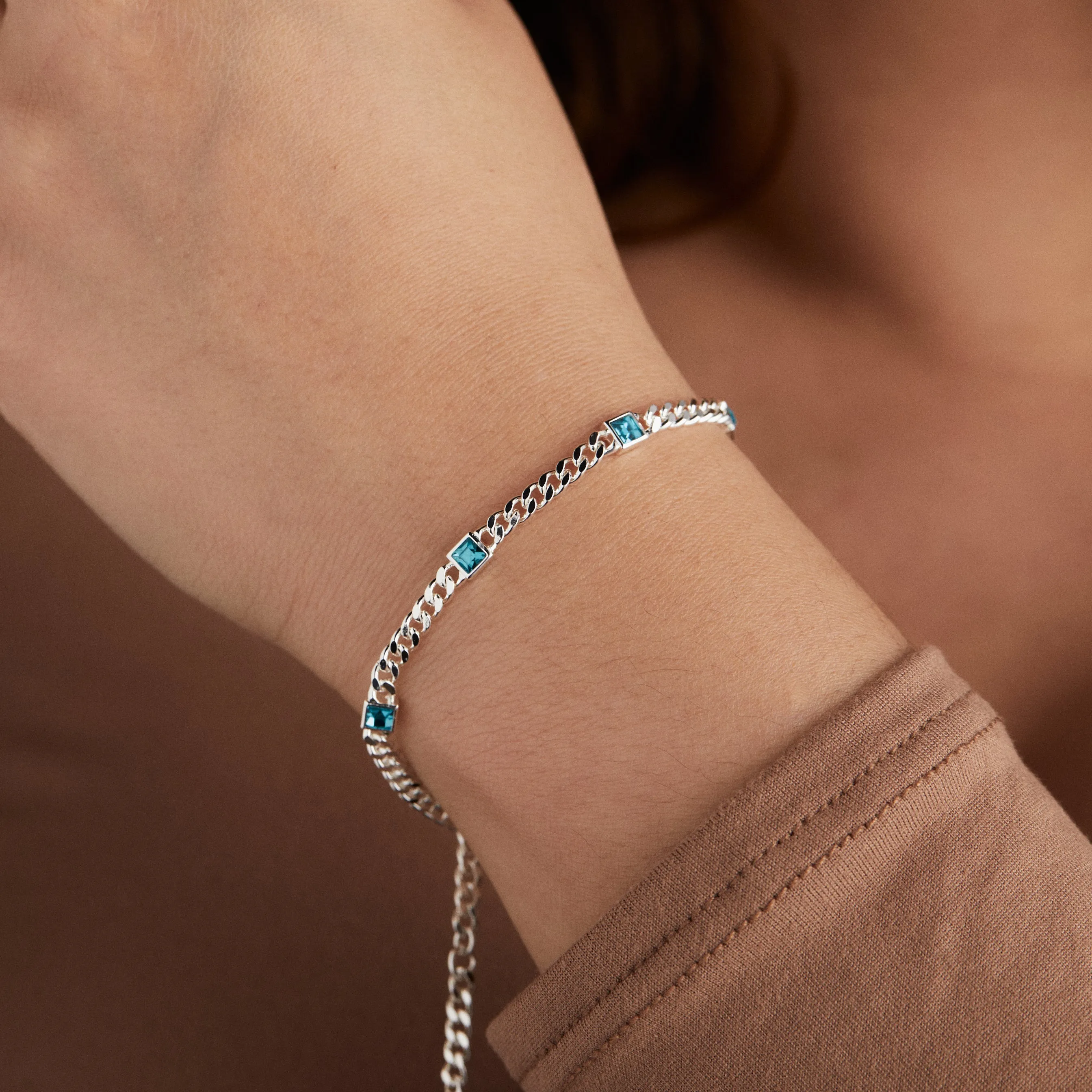 Blue Zircon Curb Chain Bracelet, December Birthstone