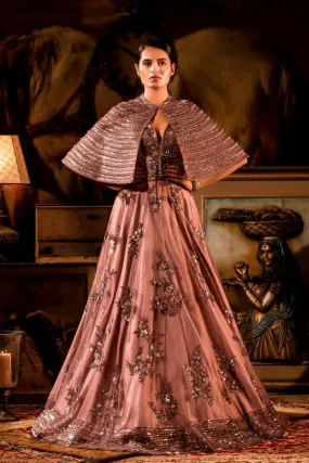 Blush pink embellished  gown with cape.