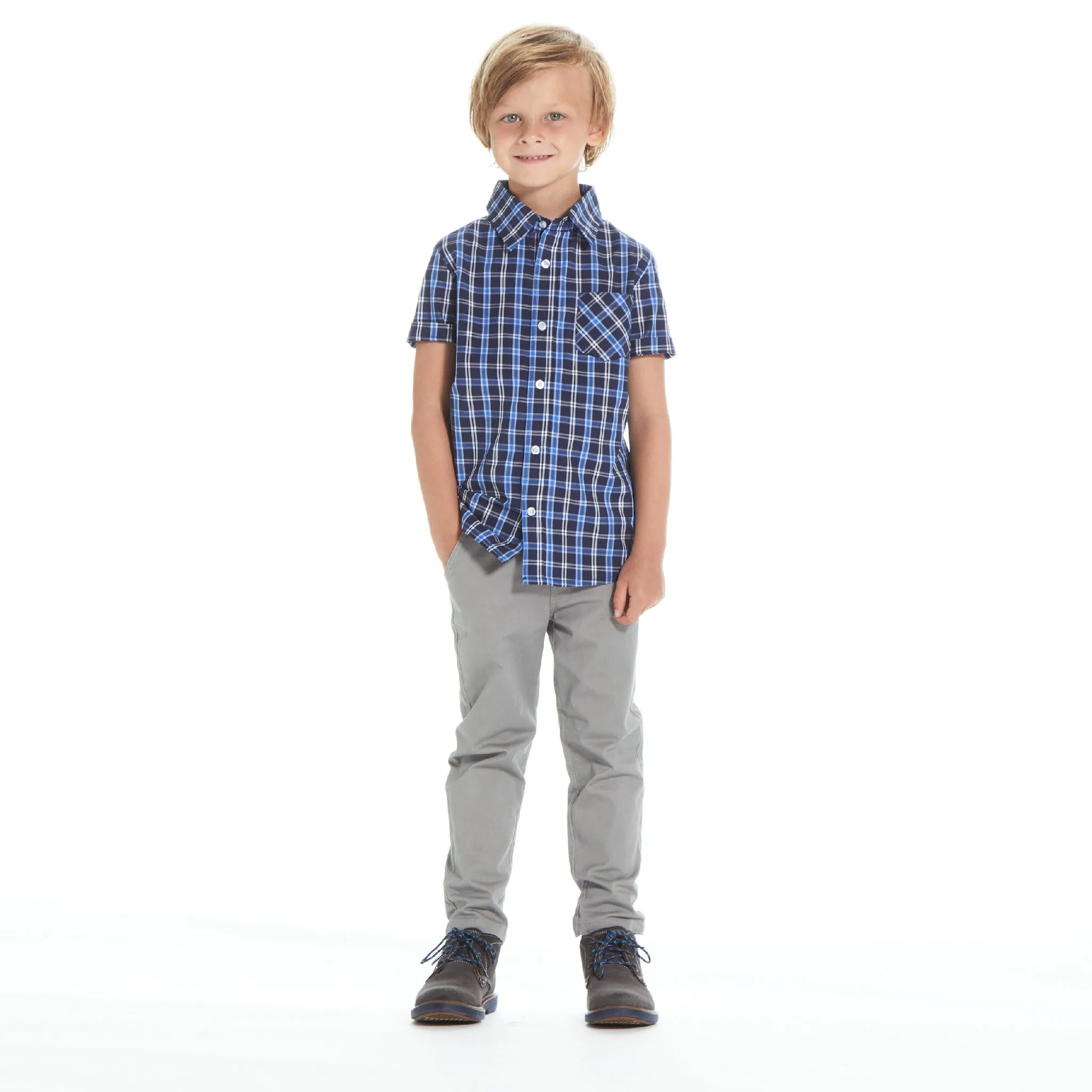 Boys Navy Plaid Bamboo Check Button Down Shirt