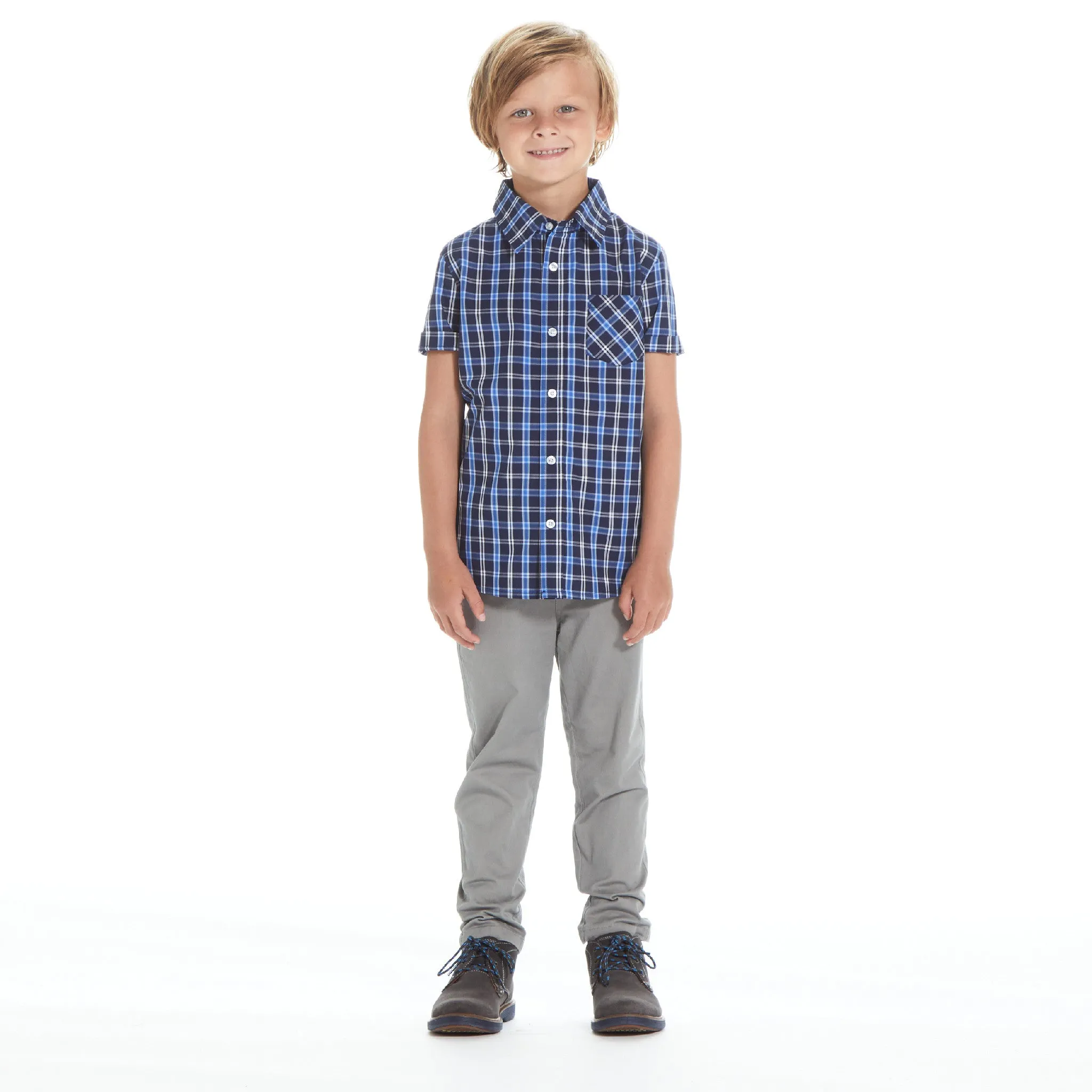 Boys Navy Plaid Bamboo Check Button Down Shirt