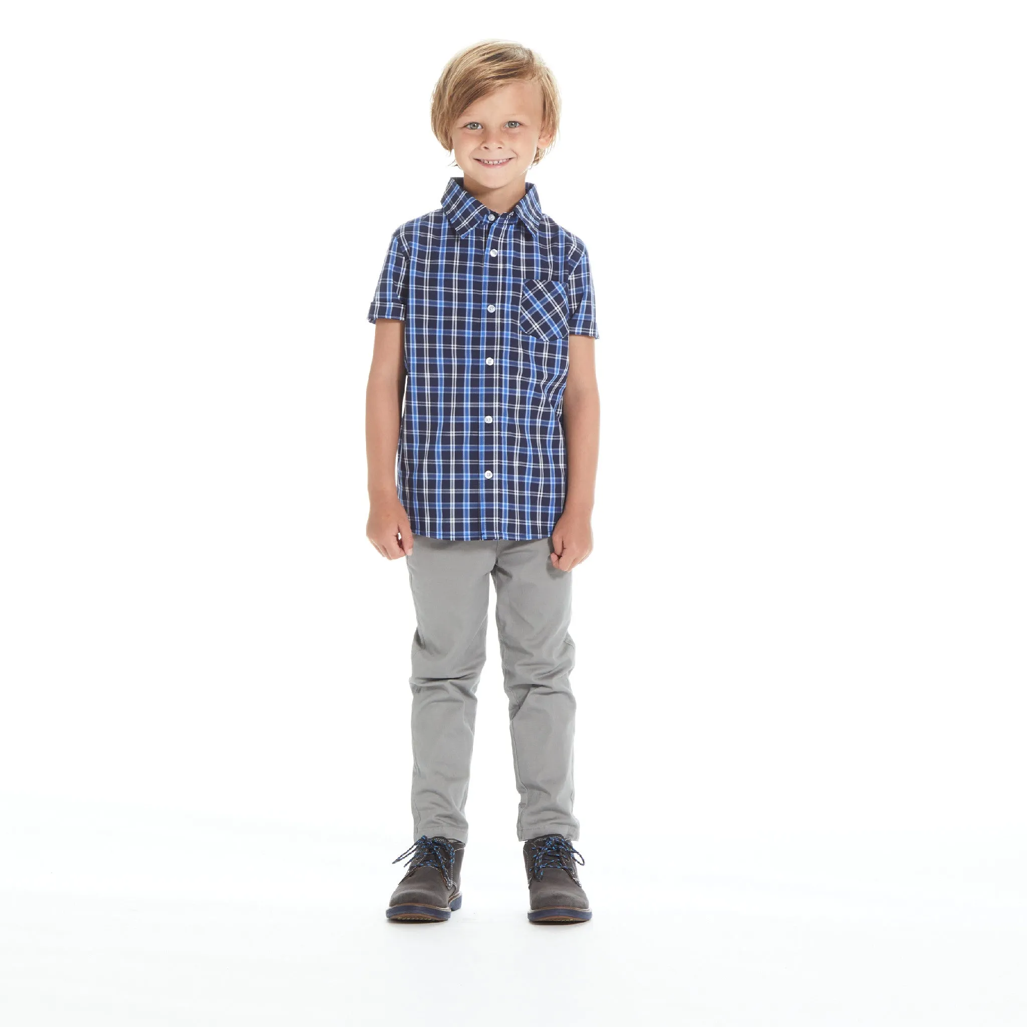 Boys Navy Plaid Bamboo Check Button Down Shirt