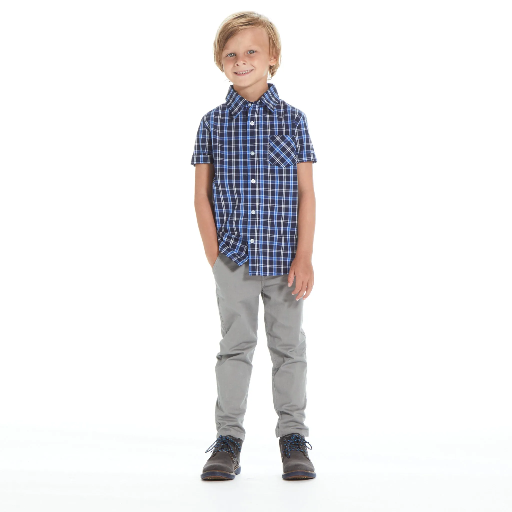 Boys Navy Plaid Bamboo Check Button Down Shirt