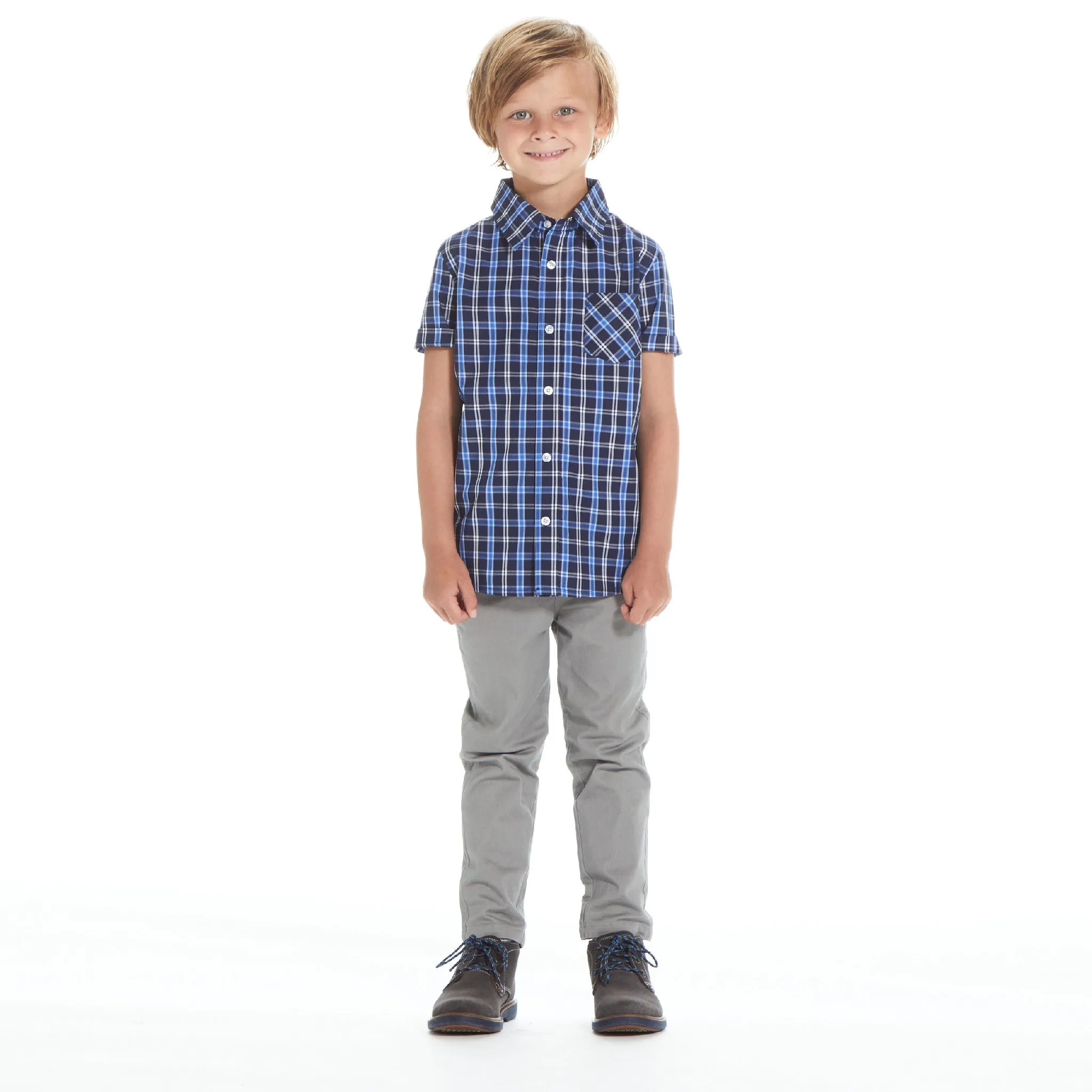 Boys Navy Plaid Bamboo Check Button Down Shirt