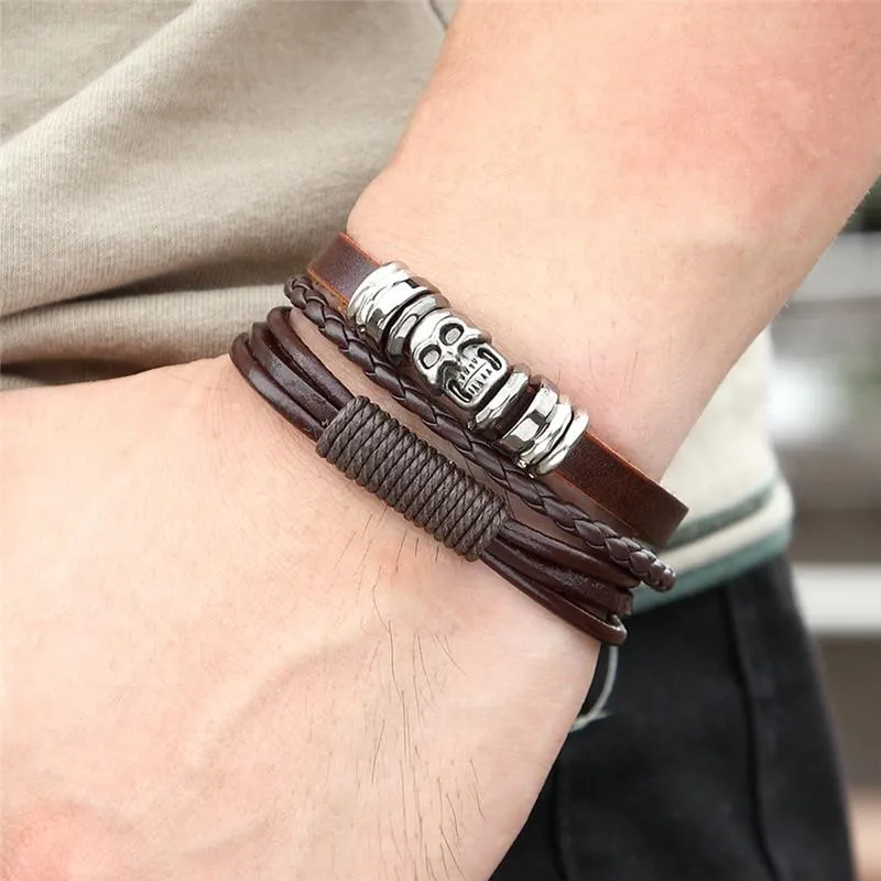 Brown Multi-Strand Leather Skull Beaded Belt Type Bracelet