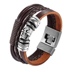 Brown Multi-Strand Leather Skull Beaded Belt Type Bracelet