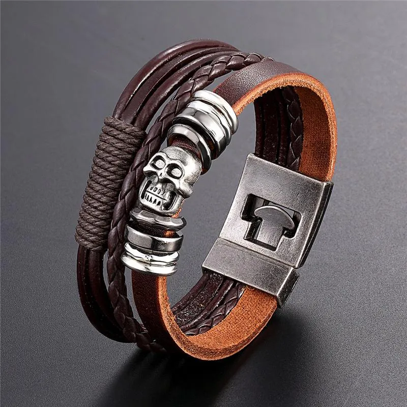 Brown Multi-Strand Leather Skull Beaded Belt Type Bracelet