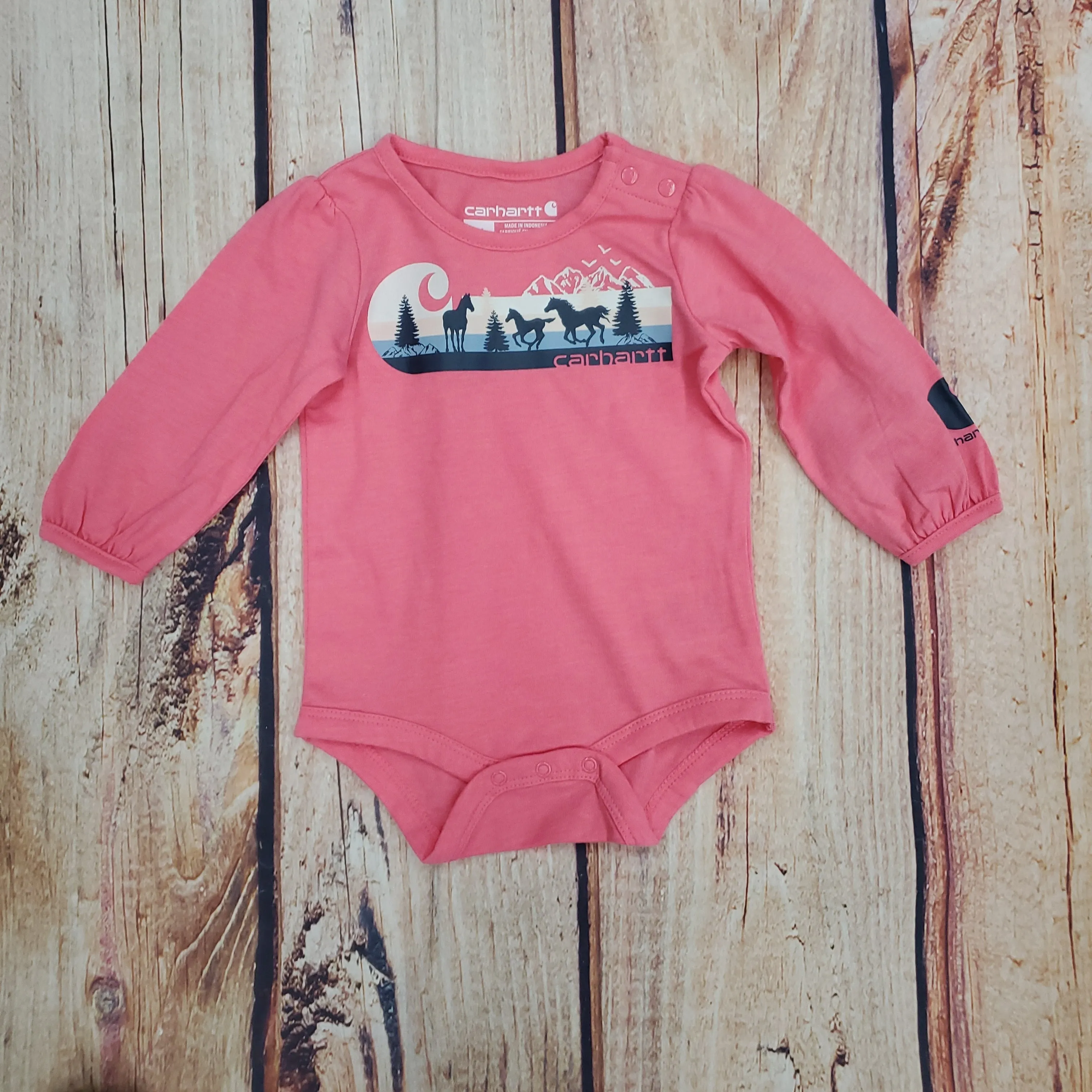 Carhartt LS Horse Stripe Onesie-Pink Lemonade