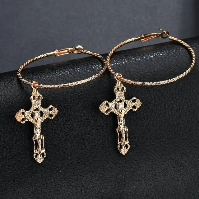 Catholic Drop Cross Hoop Earrings in Gold & Silver