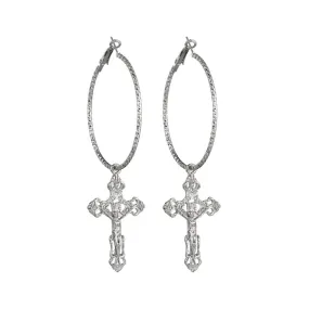 Catholic Drop Cross Hoop Earrings in Gold & Silver