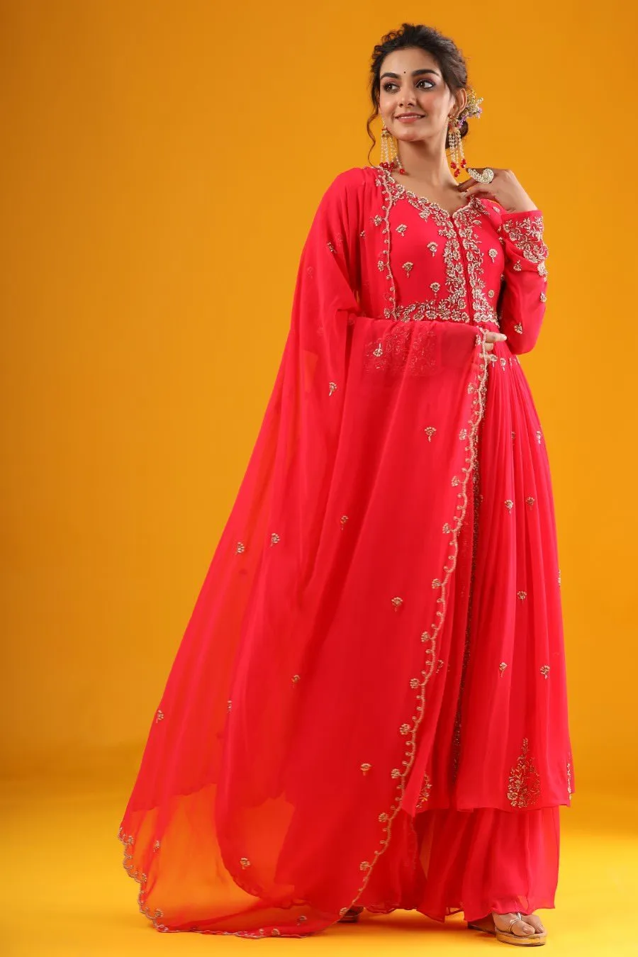 Cherry Pink Hand Embroidered Kurta &amp; Palazzo With Dupatta