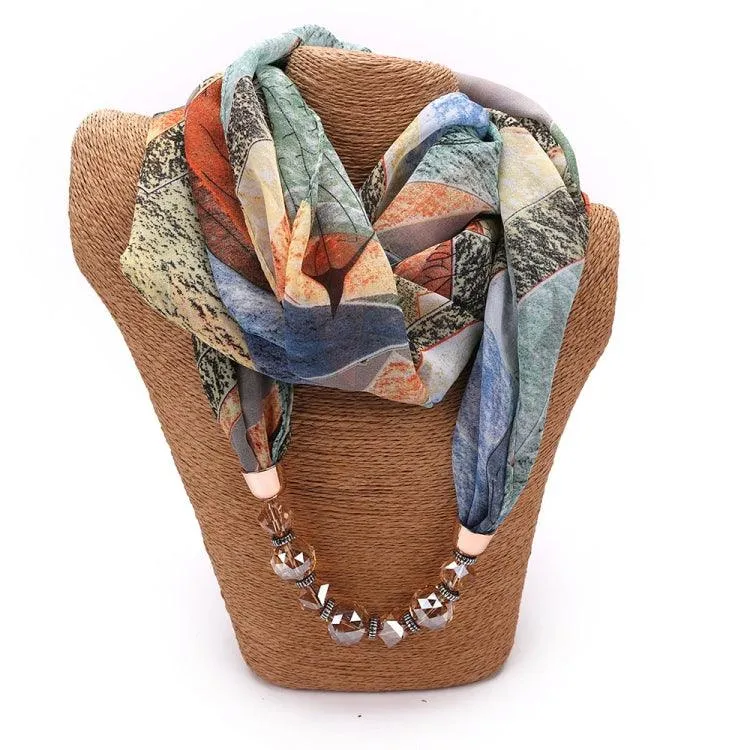 Chic Floral Chiffon Scarf with Crystal Necklace - 180 x 48cm