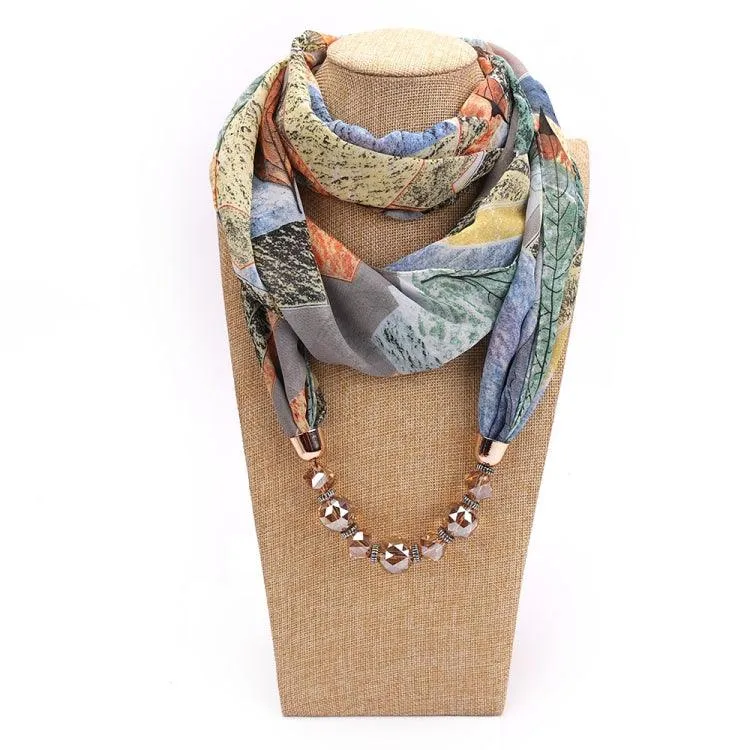 Chic Floral Chiffon Scarf with Crystal Necklace - 180 x 48cm