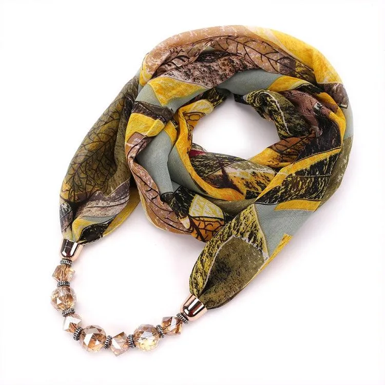 Chic Floral Chiffon Scarf with Crystal Necklace - 180 x 48cm