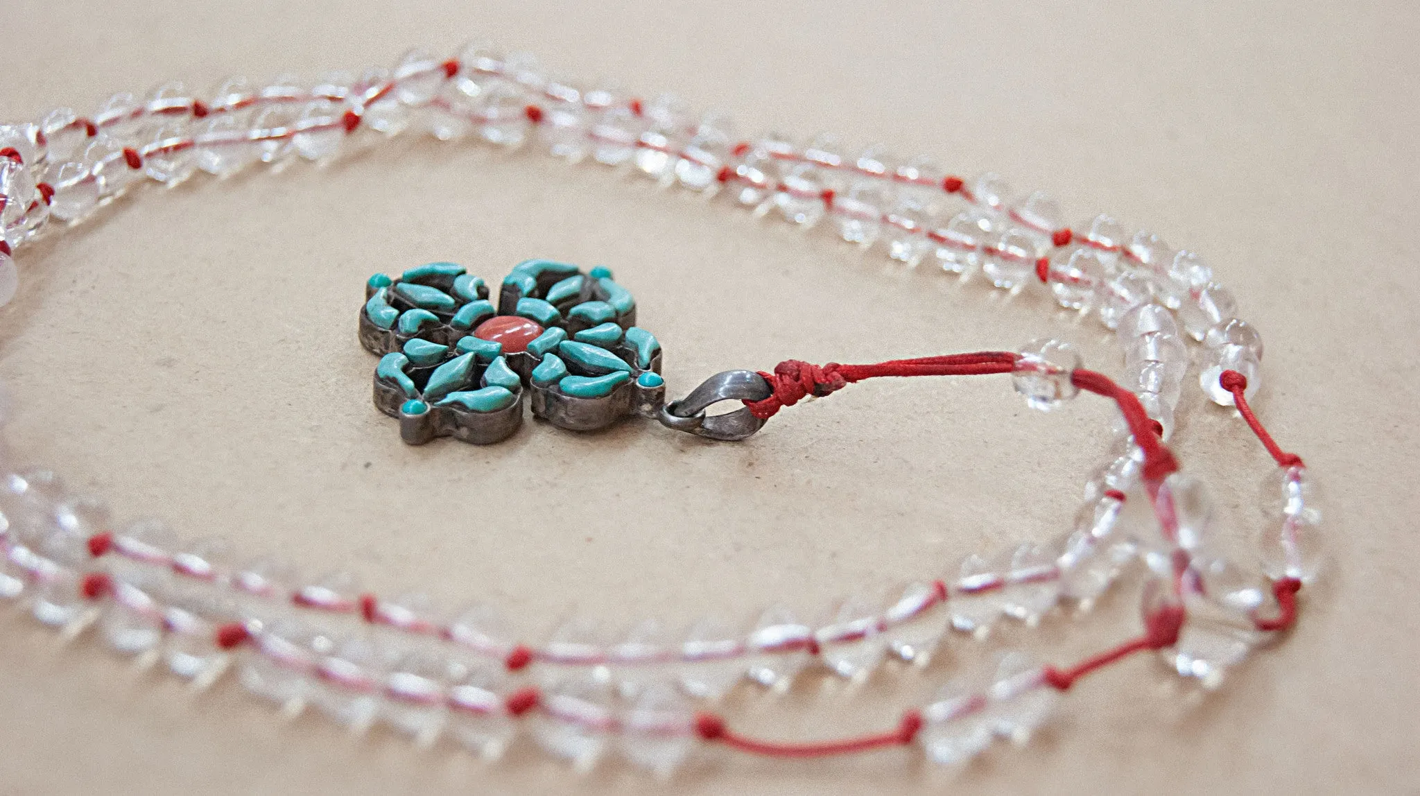 Clear Crystal Quartz with Sterling Silver Turquoise Vajra Dorjee pendant Mala bead