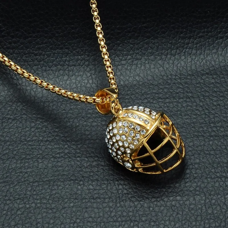 Crystal-Studded Gold-Plated Rugby Hat Bling Stainless Steel Hip-hop Pendant Necklace