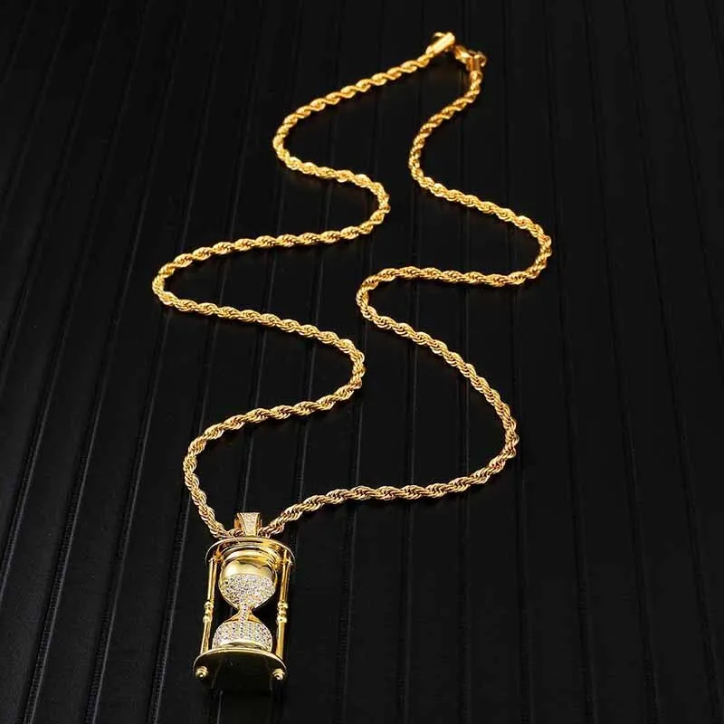 Cubic Zirconia and Rhinestone-Studded Hourglass Bling Hip-hop Pendant Necklace