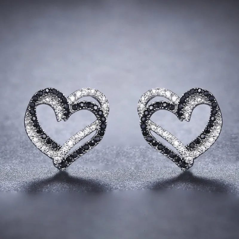 Cubic Zirconia Black and White Hearts 925 Sterling Silver Stud Earrings