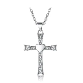 Cubic Zirconia Crucifix with Heart 925 Sterling Silver Fashion Pendant Necklace