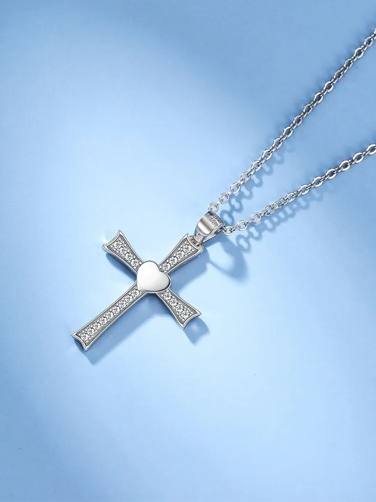 Cubic Zirconia Crucifix with Heart 925 Sterling Silver Fashion Pendant Necklace