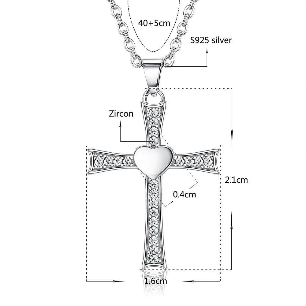 Cubic Zirconia Crucifix with Heart 925 Sterling Silver Fashion Pendant Necklace