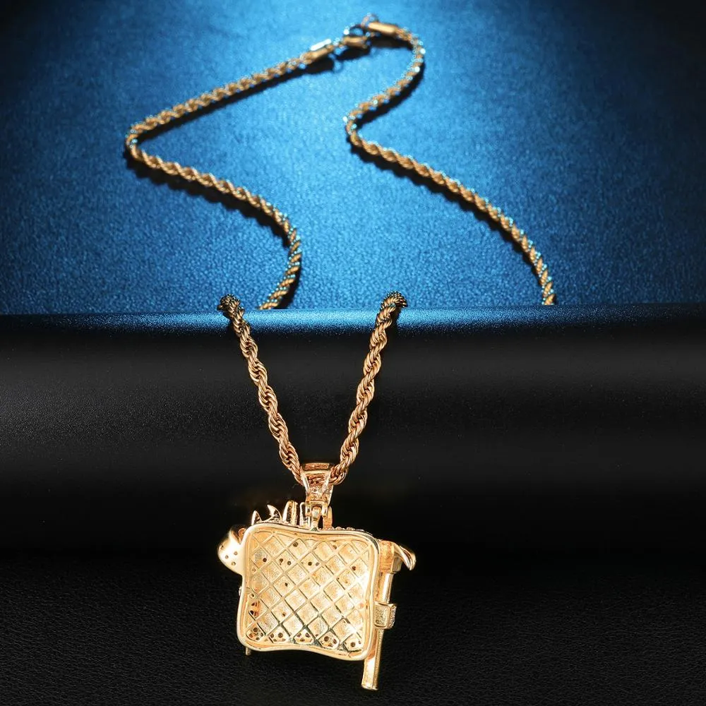 Cubic-Zirconia-Studded Gold-Plated Mechanic Tools Bling Hip-hop Pendant Necklace