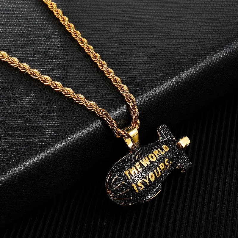 Cubic-Zirconia-Studded Gold-Plated "The World is Yours" Blimp Hip-hop Pendant Necklace