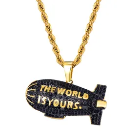 Cubic-Zirconia-Studded Gold-Plated "The World is Yours" Blimp Hip-hop Pendant Necklace