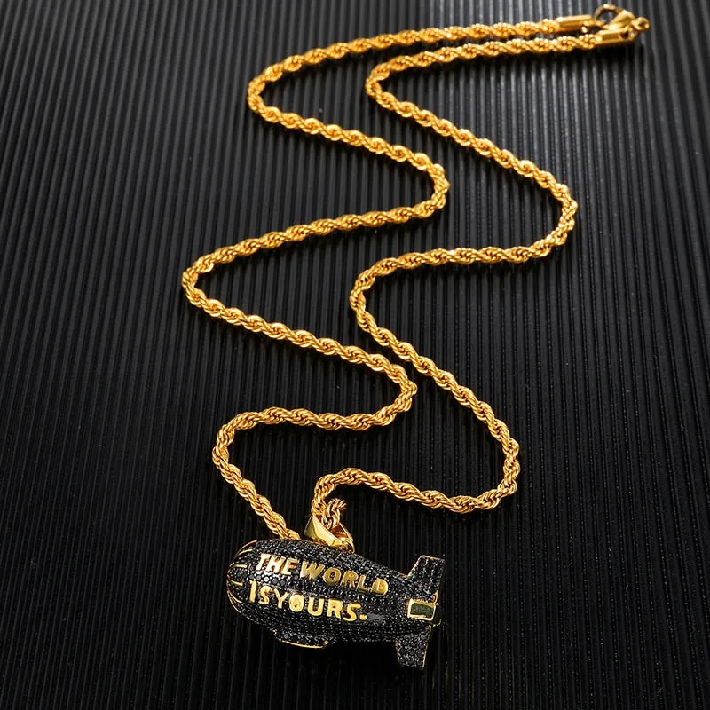 Cubic-Zirconia-Studded Gold-Plated "The World is Yours" Blimp Hip-hop Pendant Necklace