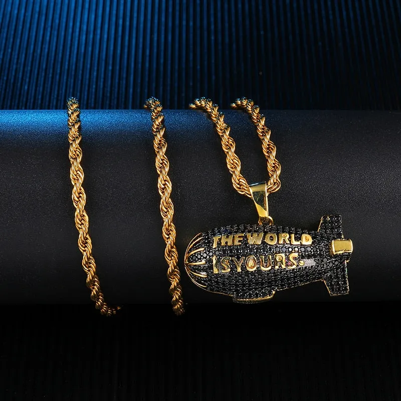 Cubic-Zirconia-Studded Gold-Plated "The World is Yours" Blimp Hip-hop Pendant Necklace