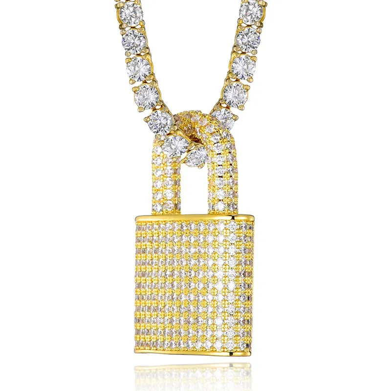 Cubic-Zirconia-Studded Lock Bling Hip-hop Pendant Necklace