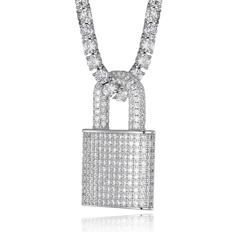 Cubic-Zirconia-Studded Lock Bling Hip-hop Pendant Necklace