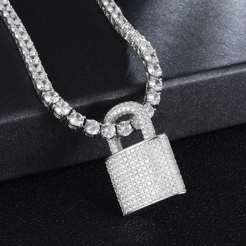 Cubic-Zirconia-Studded Lock Bling Hip-hop Pendant Necklace