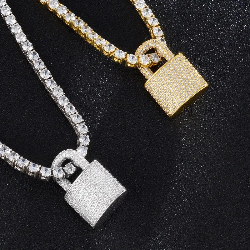 Cubic-Zirconia-Studded Lock Bling Hip-hop Pendant Necklace