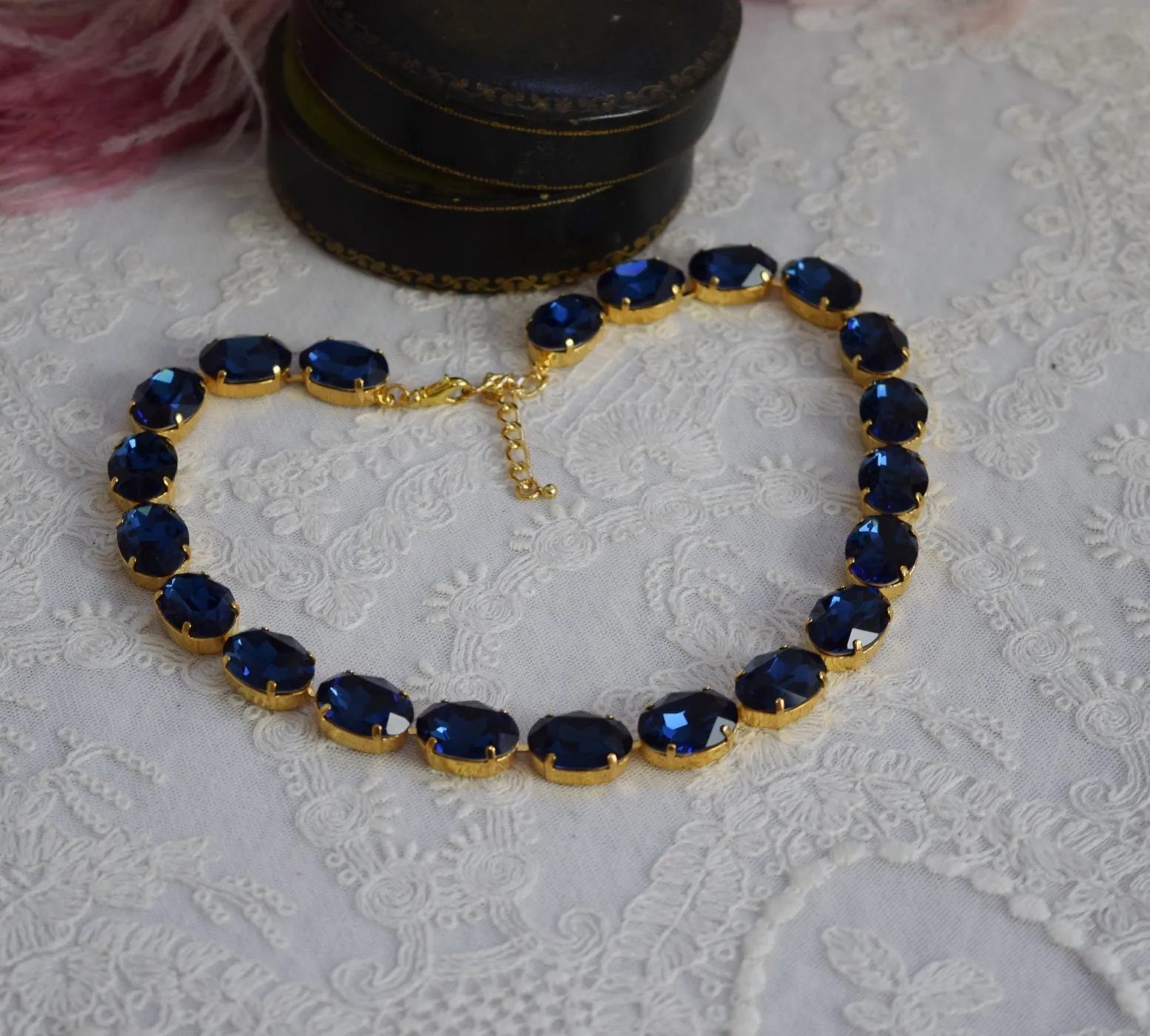 Dark Blue Aurora Crystal Necklace - Large Oval