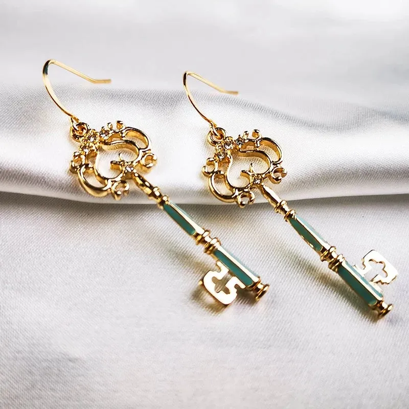 Delicate Crystal Enamel Hollowed Key Drop Earrings