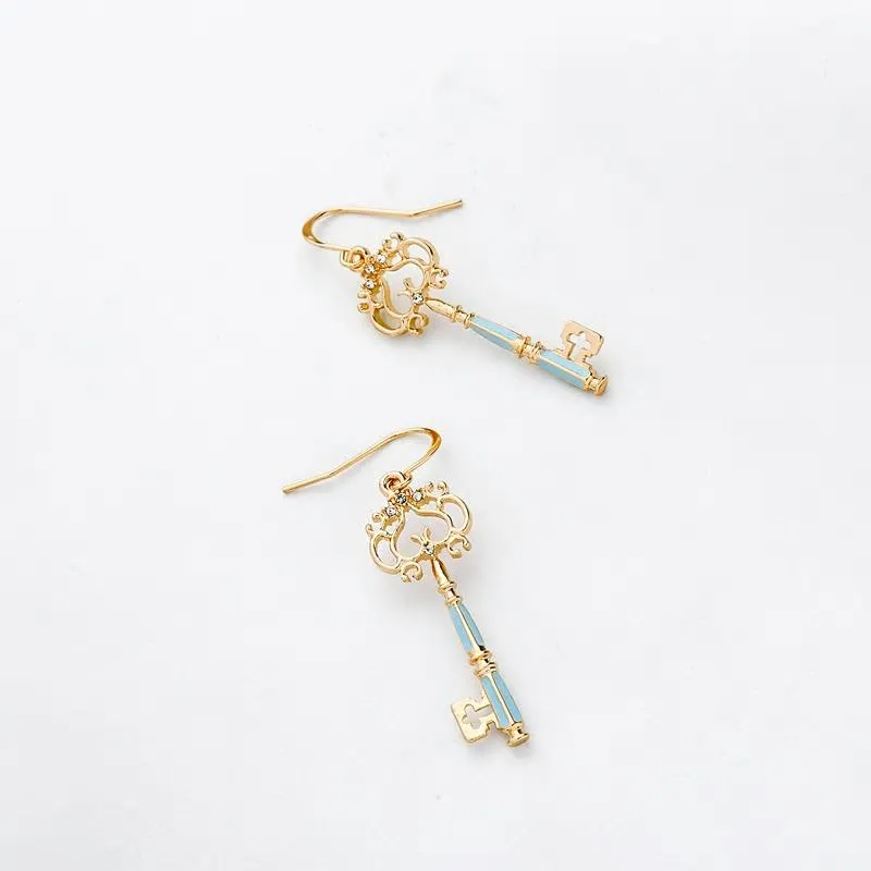 Delicate Crystal Enamel Hollowed Key Drop Earrings