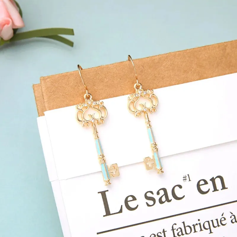 Delicate Crystal Enamel Hollowed Key Drop Earrings