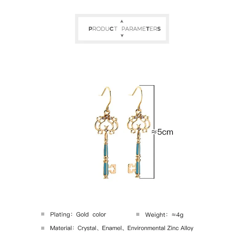 Delicate Crystal Enamel Hollowed Key Drop Earrings