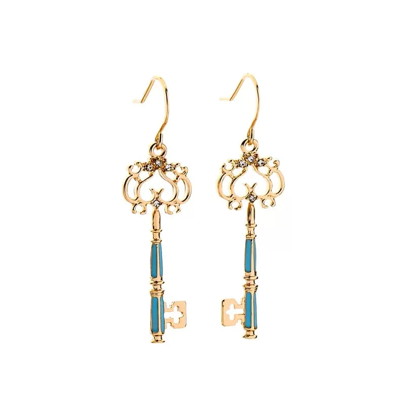 Delicate Crystal Enamel Hollowed Key Drop Earrings