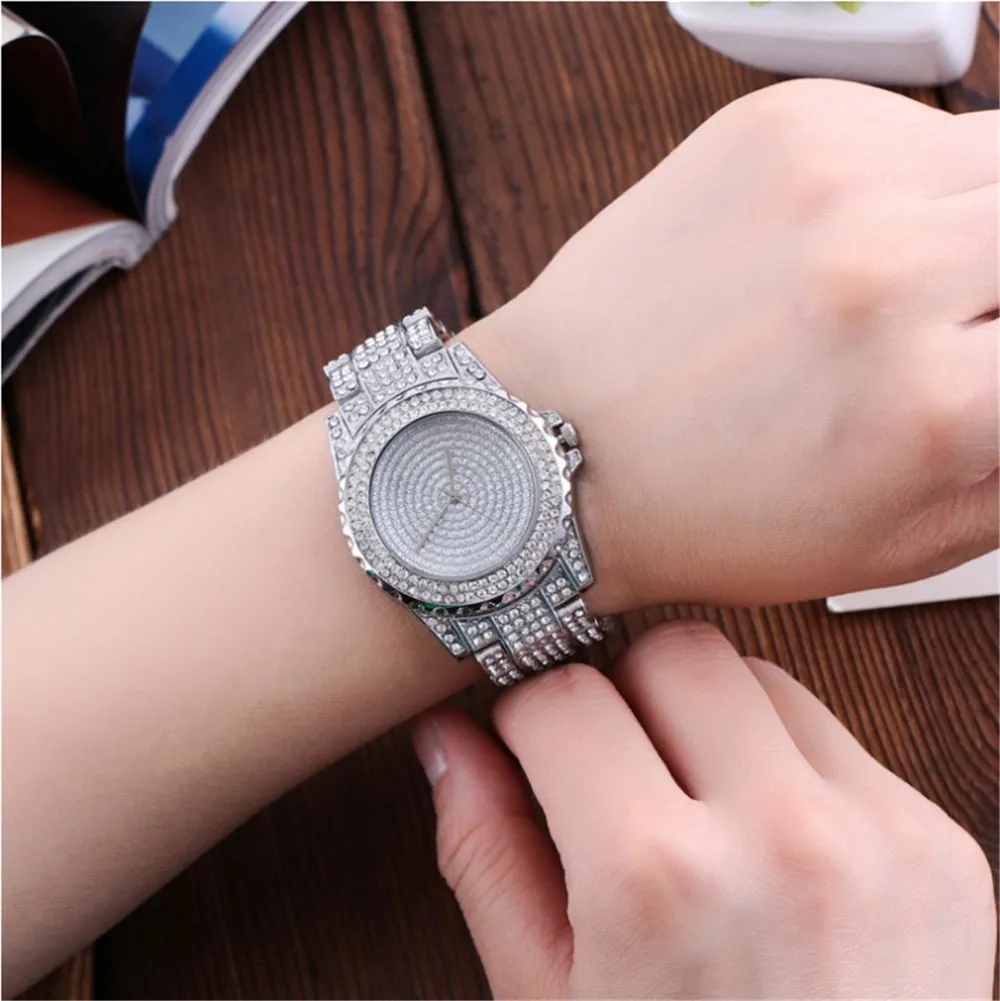 Diamond-Studded Stainless Steel Band Fashion Quartz Watch