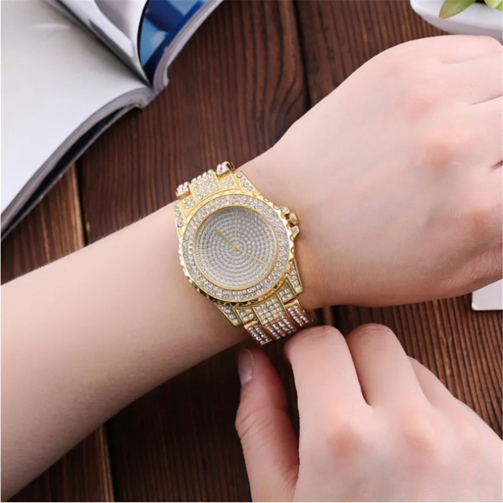 Diamond-Studded Stainless Steel Band Fashion Quartz Watch