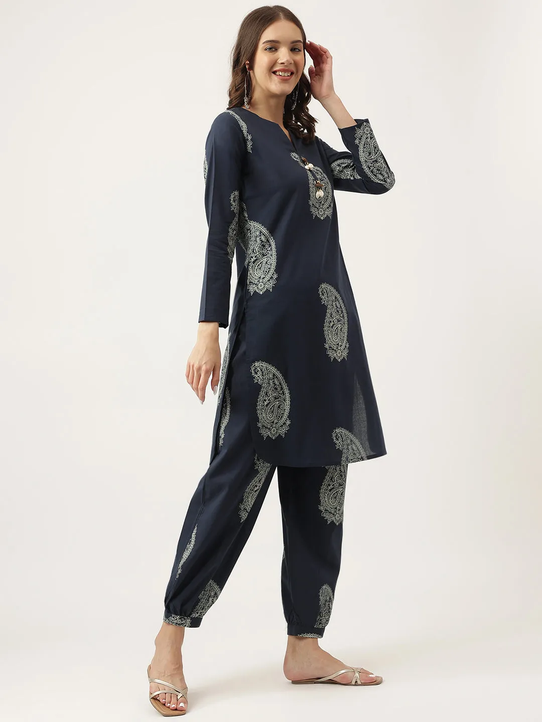 Divena Navy Cotton Paisley Print Kurta Hem Cuffed Pant set