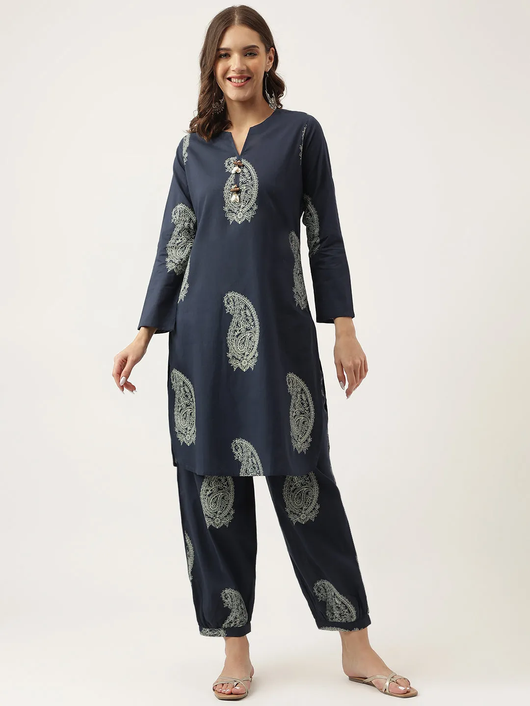 Divena Navy Cotton Paisley Print Kurta Hem Cuffed Pant set