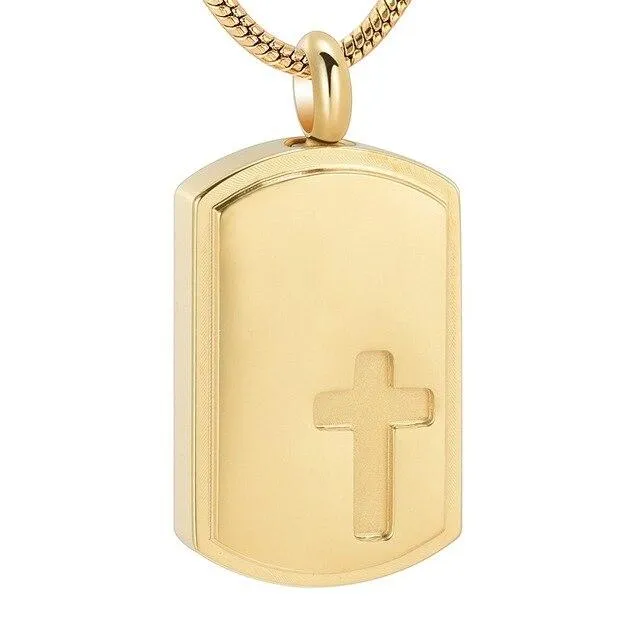 Dog Tag Urn with Engraved Cross Pendant Necklace