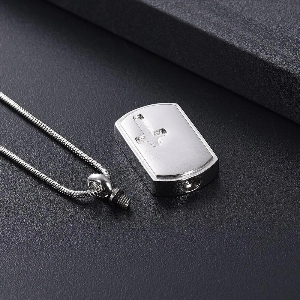 Dog Tag Urn with Engraved Cross Pendant Necklace