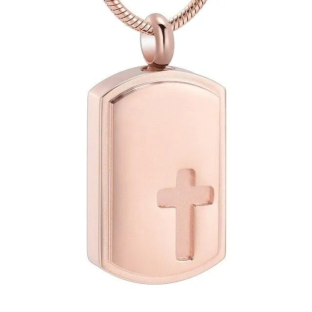 Dog Tag Urn with Engraved Cross Pendant Necklace