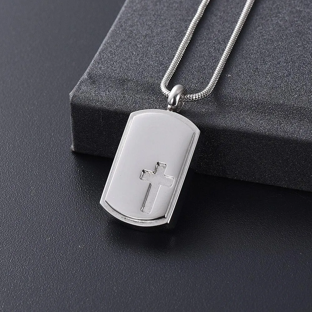 Dog Tag Urn with Engraved Cross Pendant Necklace