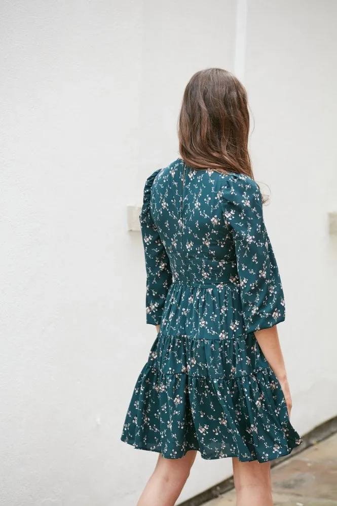 Double Second Teal Floral Tiered Dress